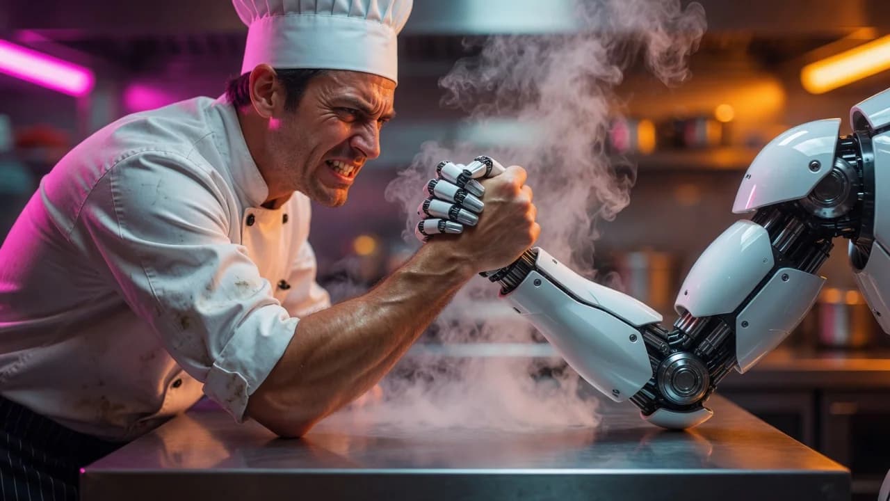 Chef arm-wrestling a robotic arm on a kitchen counter
