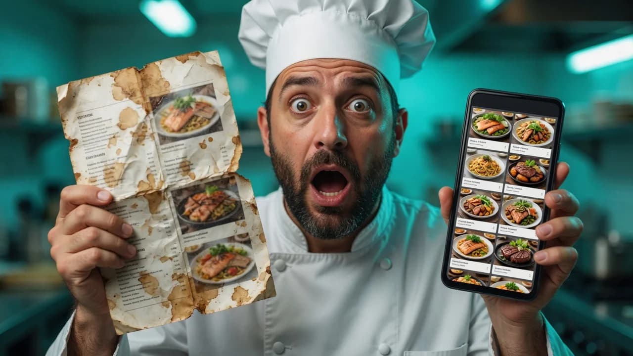 Jaw-dropped chef holding a crumpled paper menu in one hand and a phone with a digital menu in the other