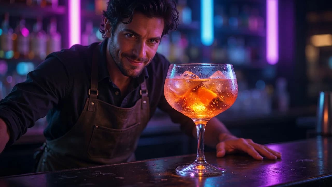 Smirking bartender sliding a glowing signature cocktail toward the camera in a dark bar
