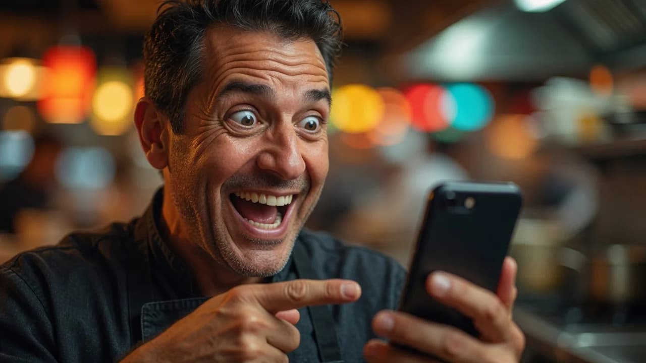 Wide-eyed delighted restaurant owner pointing at his phone