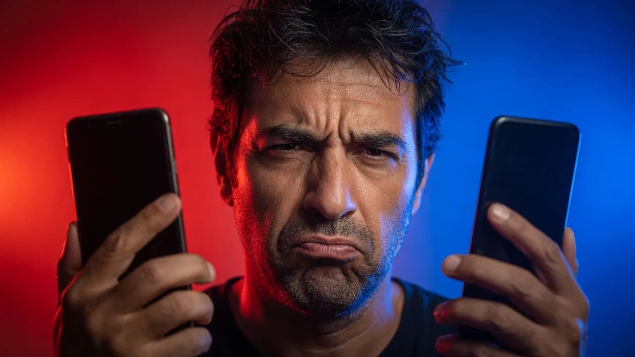 Skeptical restaurant owner weighing two phones on either side of his face