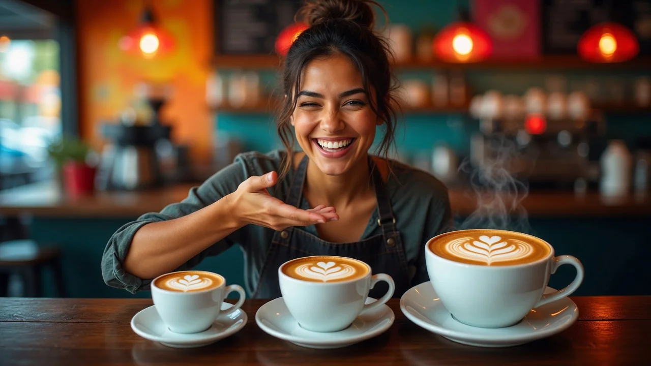 Winking barista presenting three latte cups in ascending sizes on a cafe counter