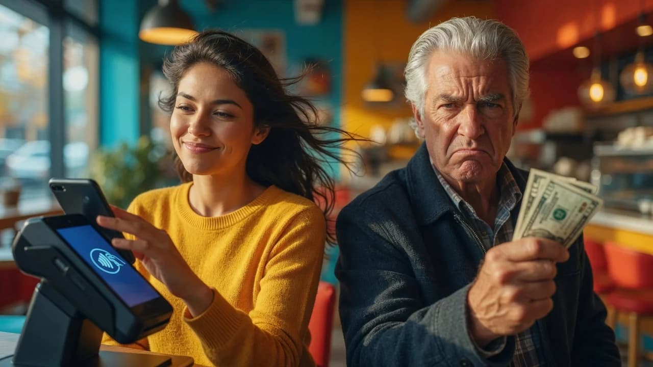 Smiling customer tapping her phone on a terminal beside a frowning man holding up cash