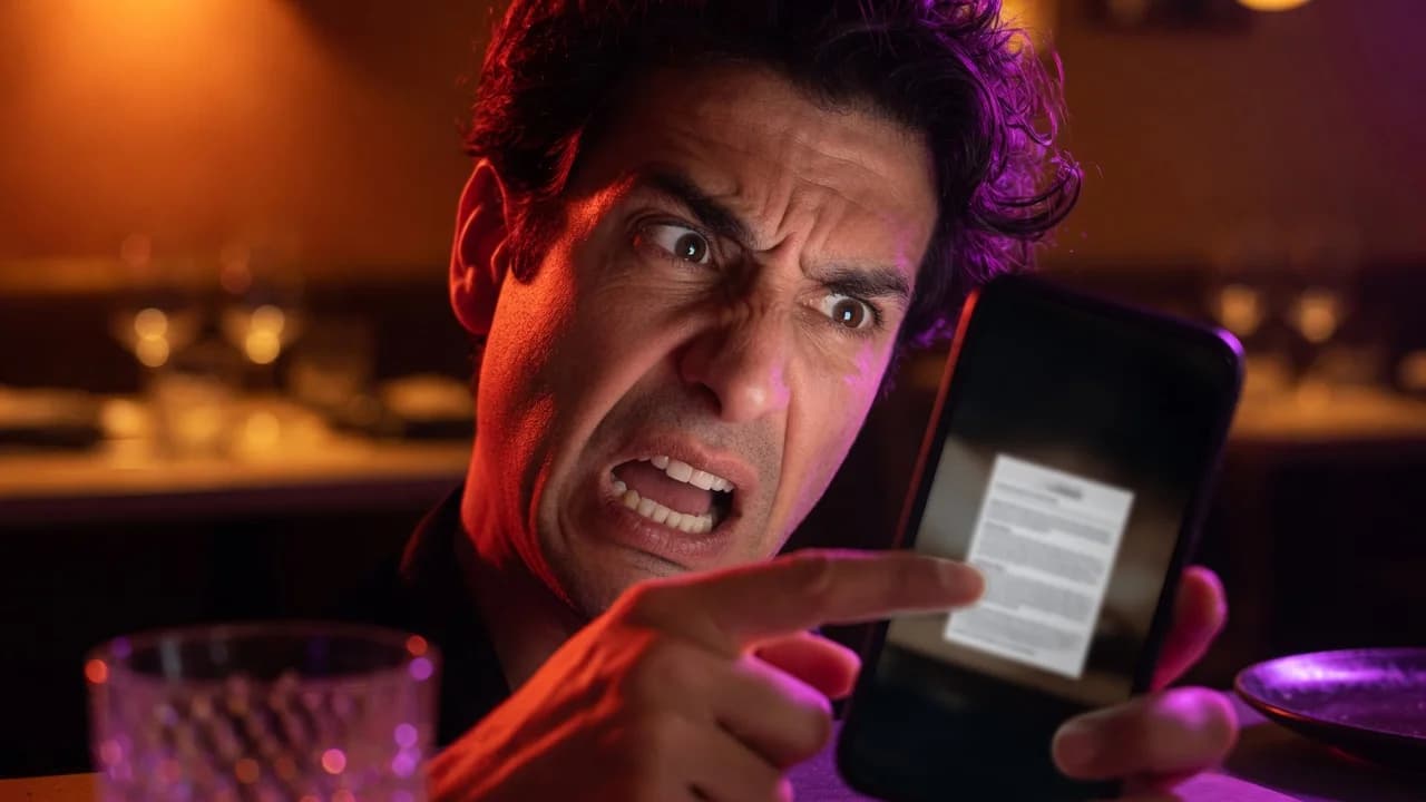 Exasperated diner rolling his eyes while pinch-zooming a tiny blurry menu on his phone