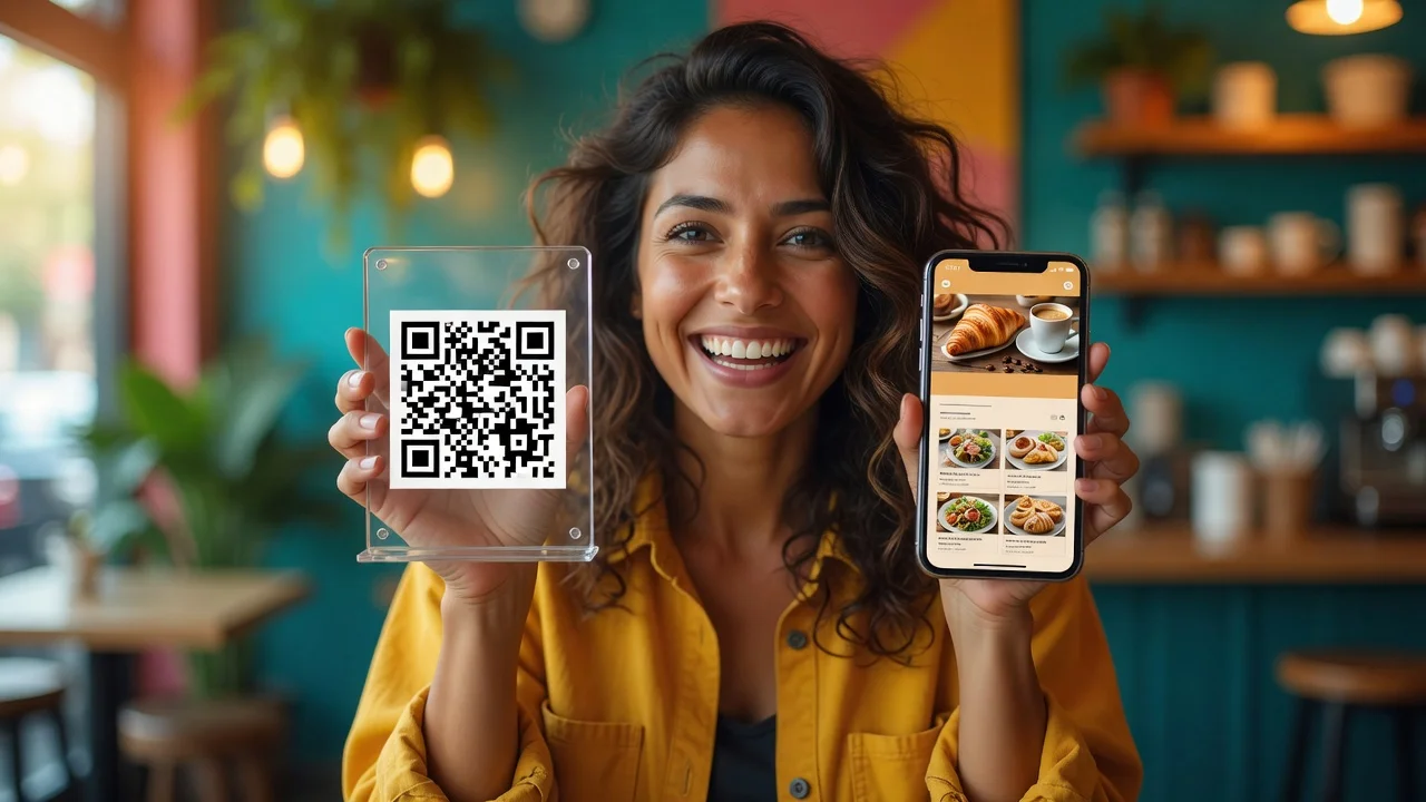 Beaming cafe owner holding up a QR code table tent next to her face with a phone showing the menu
