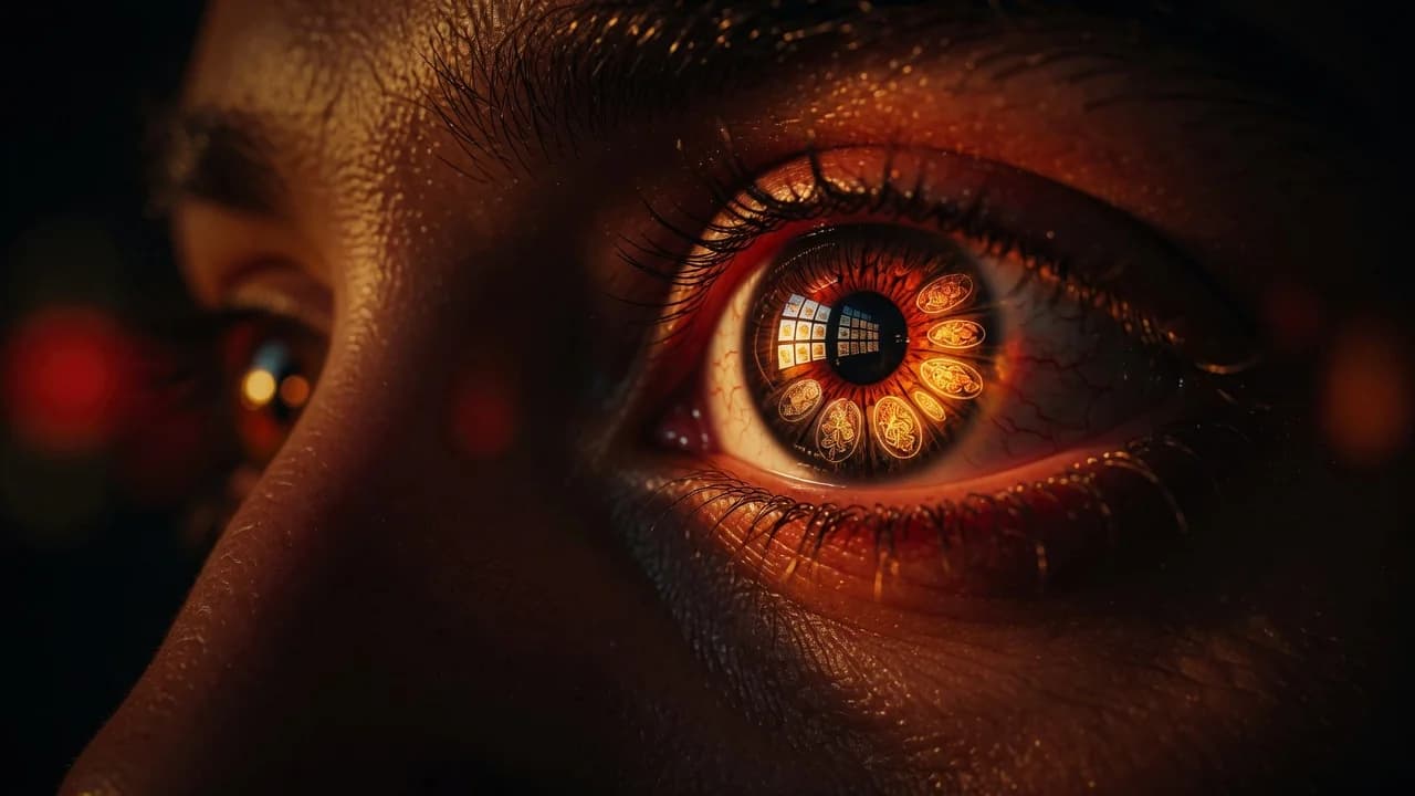 Extreme close-up of a wide-open eye with a glowing menu page reflected in the iris