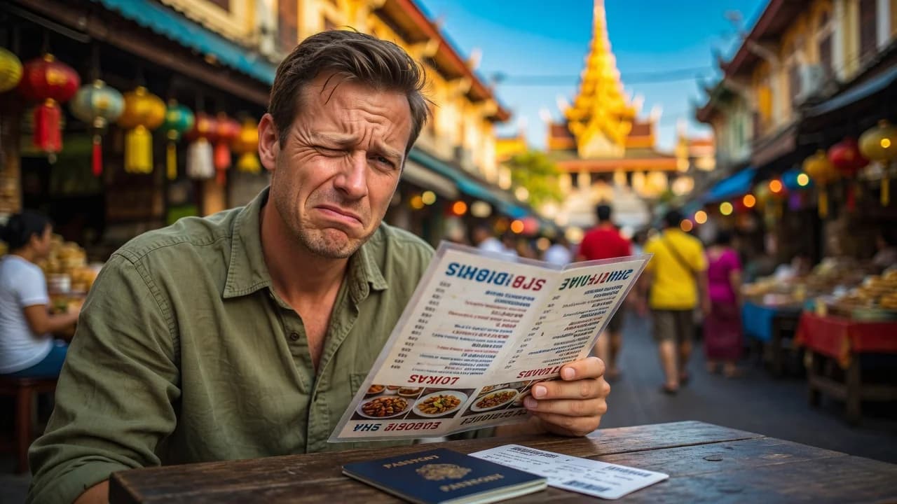 Hopelessly confused traveler holding a foreign menu upside down at a tourist-street cafe