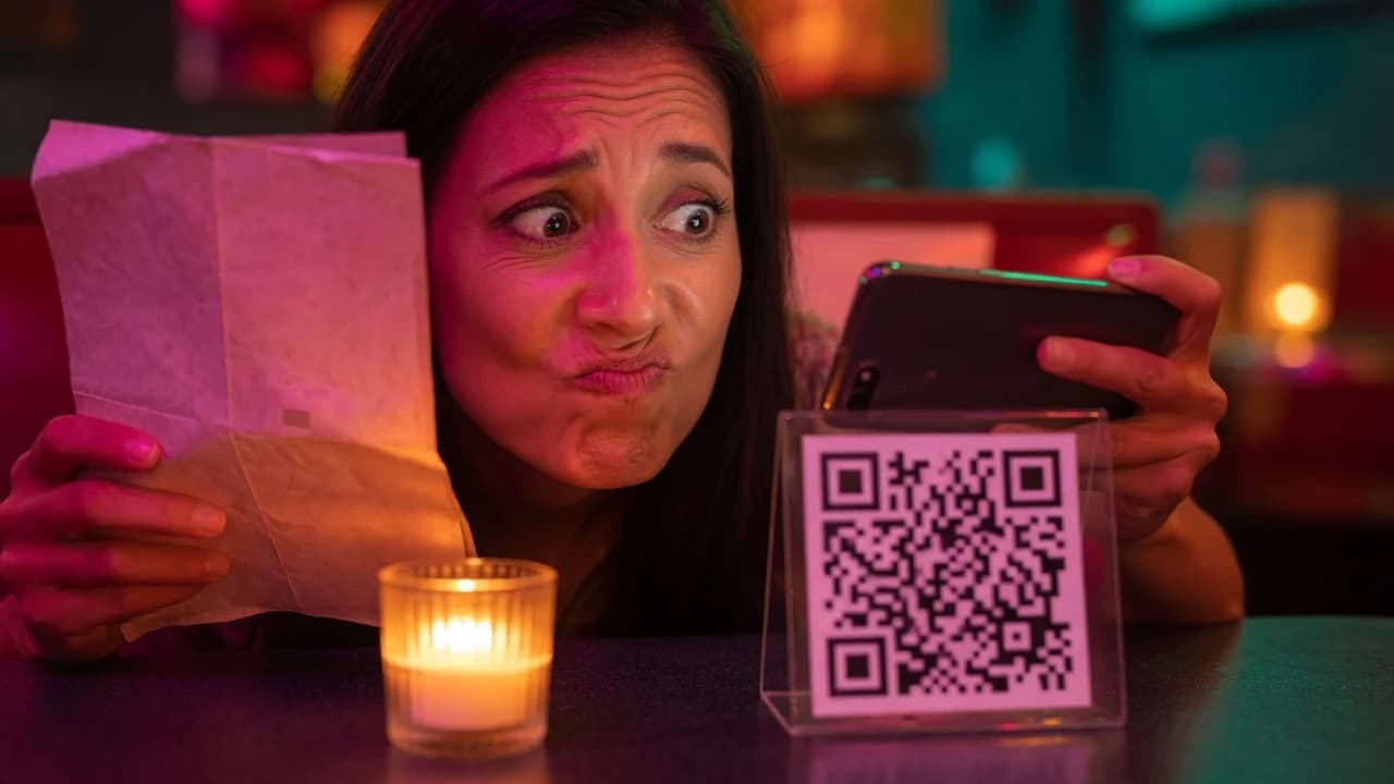 Diner with a torn expression holding a paper menu in one hand and scanning a QR code with the other