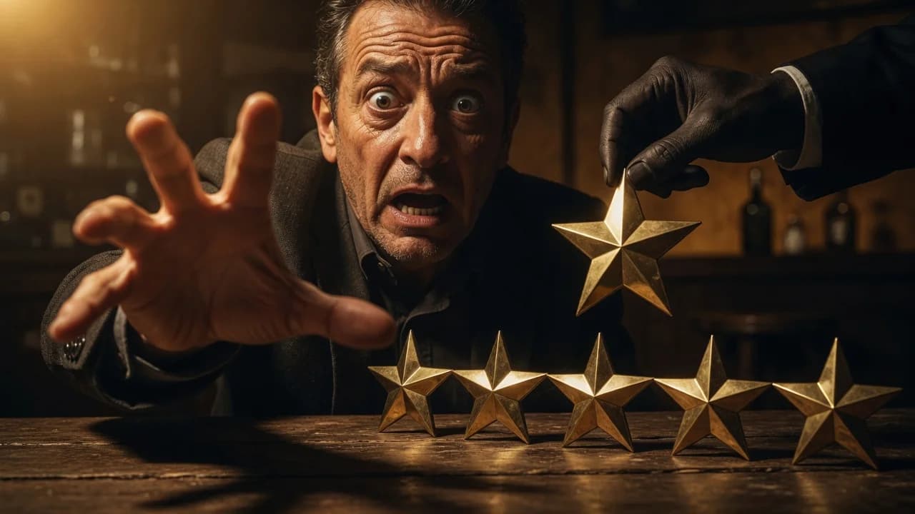 Horrified restaurant owner reaching out as a hand lifts the fifth brass star from a row of five