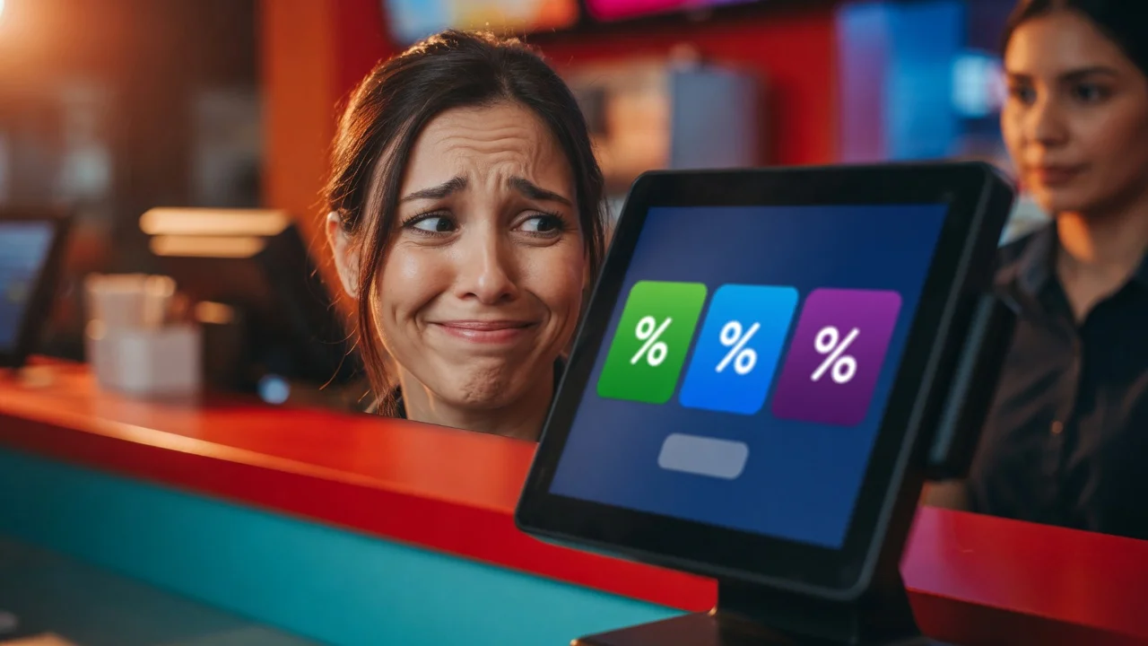 Customer with an excruciatingly awkward grimace facing a flipped payment screen with tip buttons