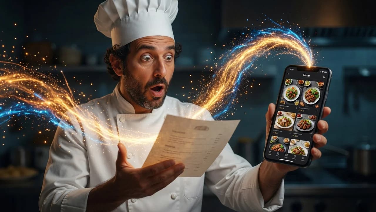 Amazed chef watching a paper menu dissolve into particles flowing into a smartphone