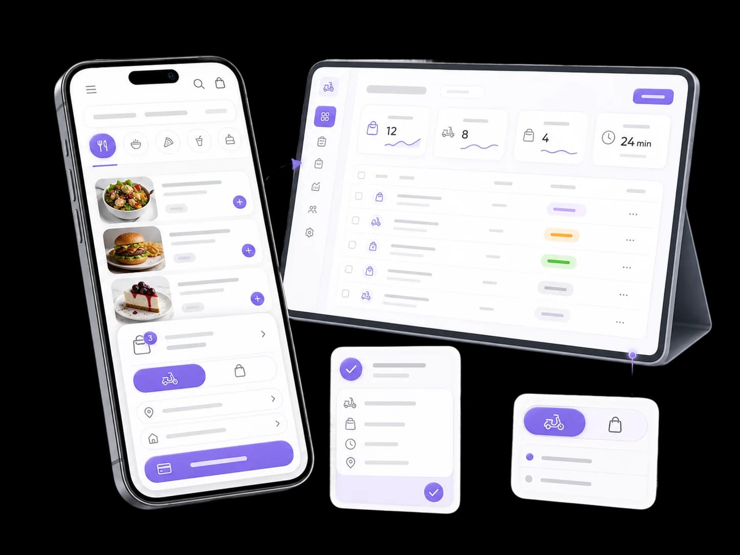 Mobile order flow: dish → cart → delivery/pickup toggle → address → pay button. Then the order appears in your dashboard orders list.