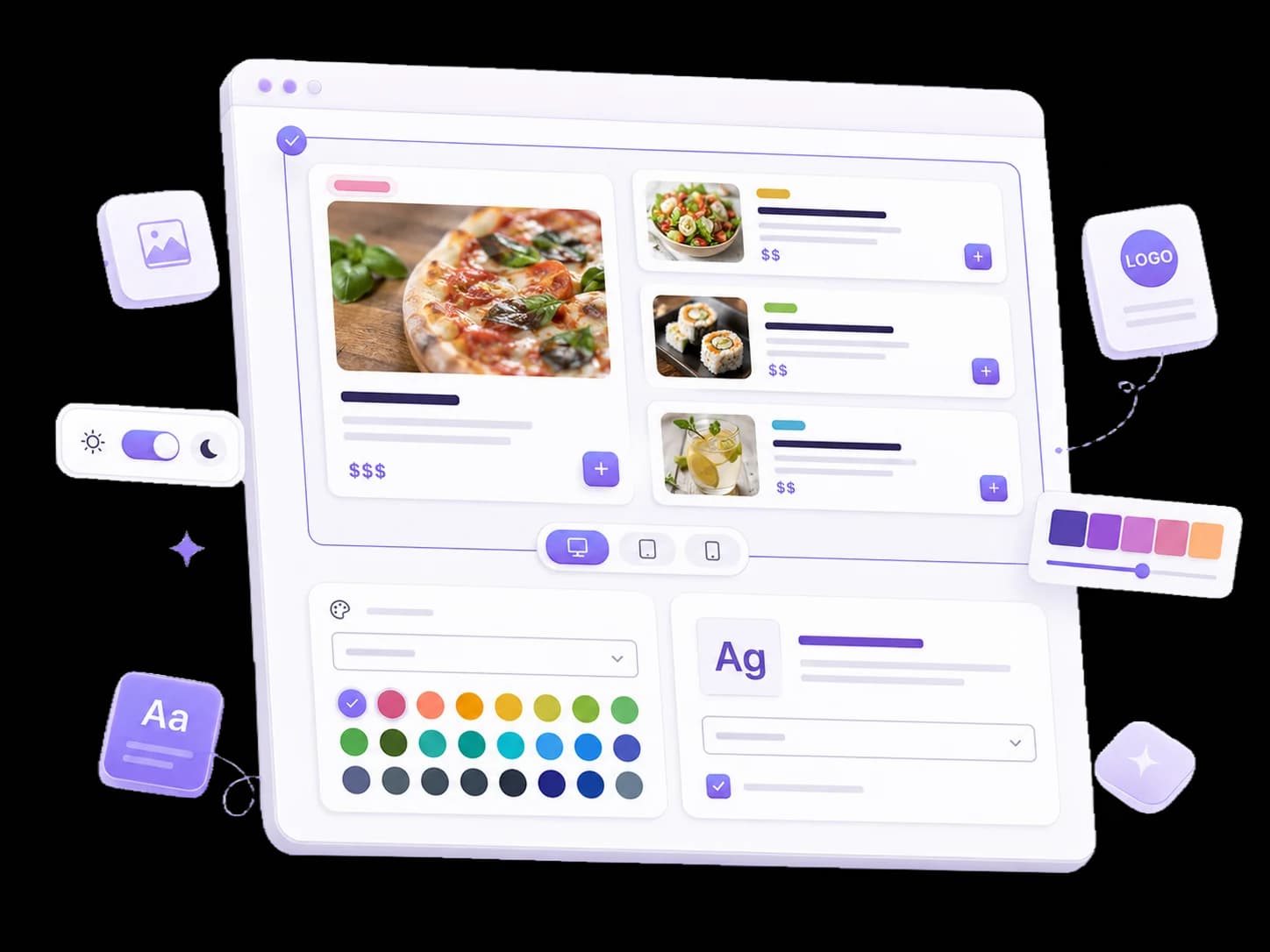 Design panel: color picker, font selector, logo upload, light/dark theme toggle and 3 menu card styles
