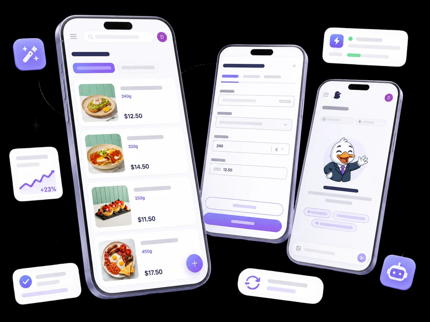 Phone editing a dish price inline, plus an AI chat bubble: 'AI: write a description for Carbonara' → done, menu updated live.