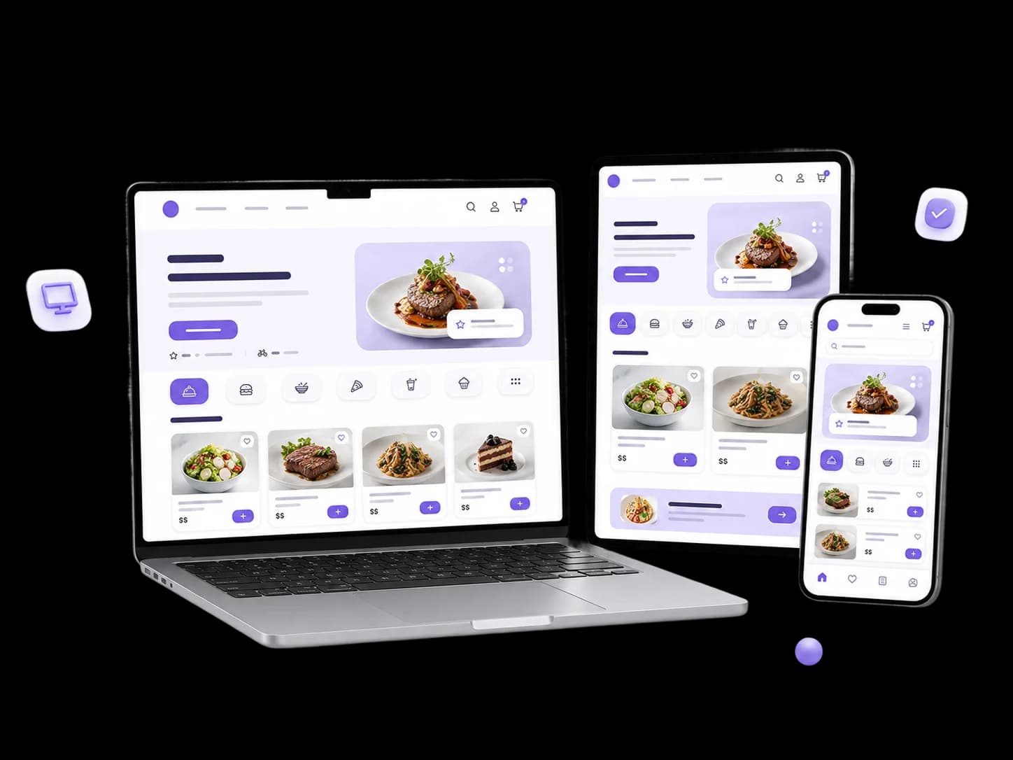 The same restaurant site shown responsive side by side: phone, tablet and laptop.