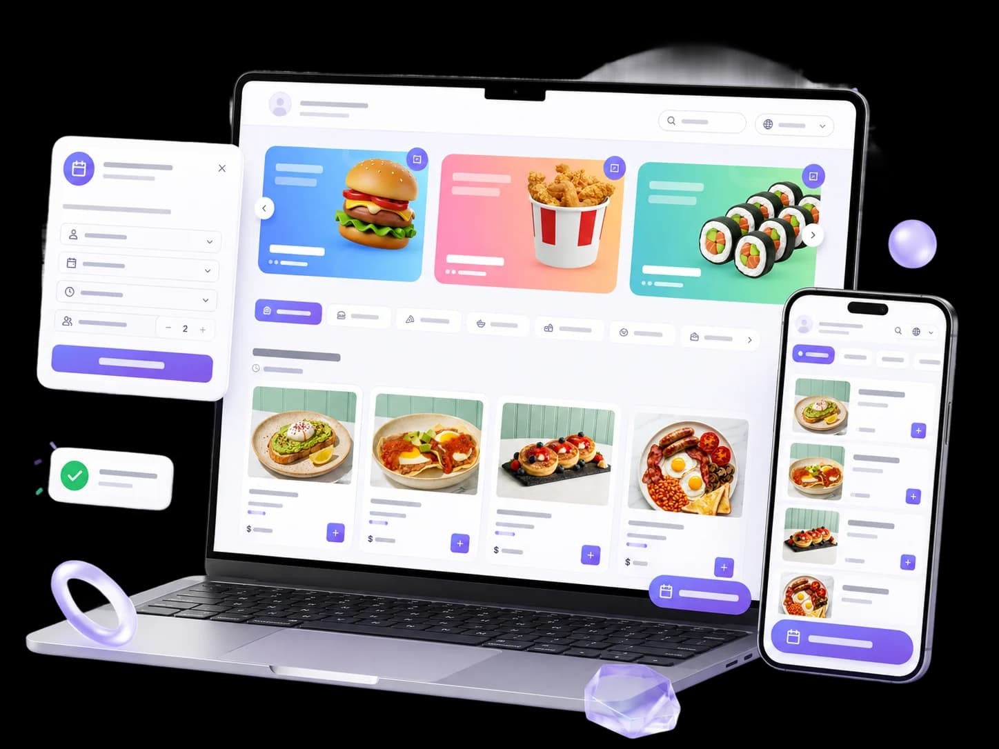 Restaurant website with online ordering built on Duckhub, shown on a laptop and smartphone — food photo, menu list and an 'Order now' button