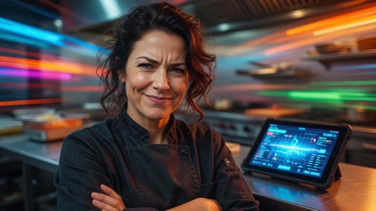 Smug restaurant owner with arms crossed in front of a busy kitchen and a glowing tablet