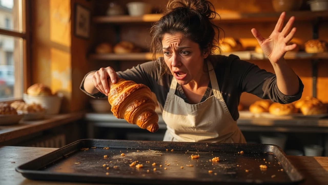 Dismayed baker holding the last croissant over a nearly empty bakery tray