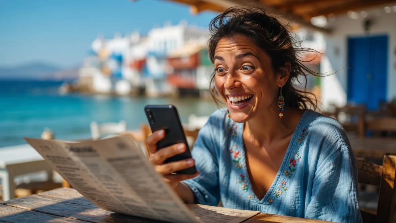 Amazed smiling tourist reading her phone at a taverna table with a paper menu tossed aside