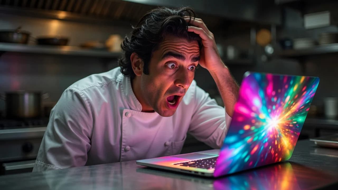 Astonished chef with hand on head staring at a glowing laptop in a kitchen