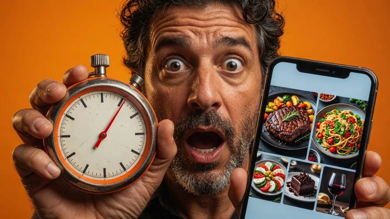 Shocked restaurant owner looking at a stopwatch while holding a phone with a finished digital menu