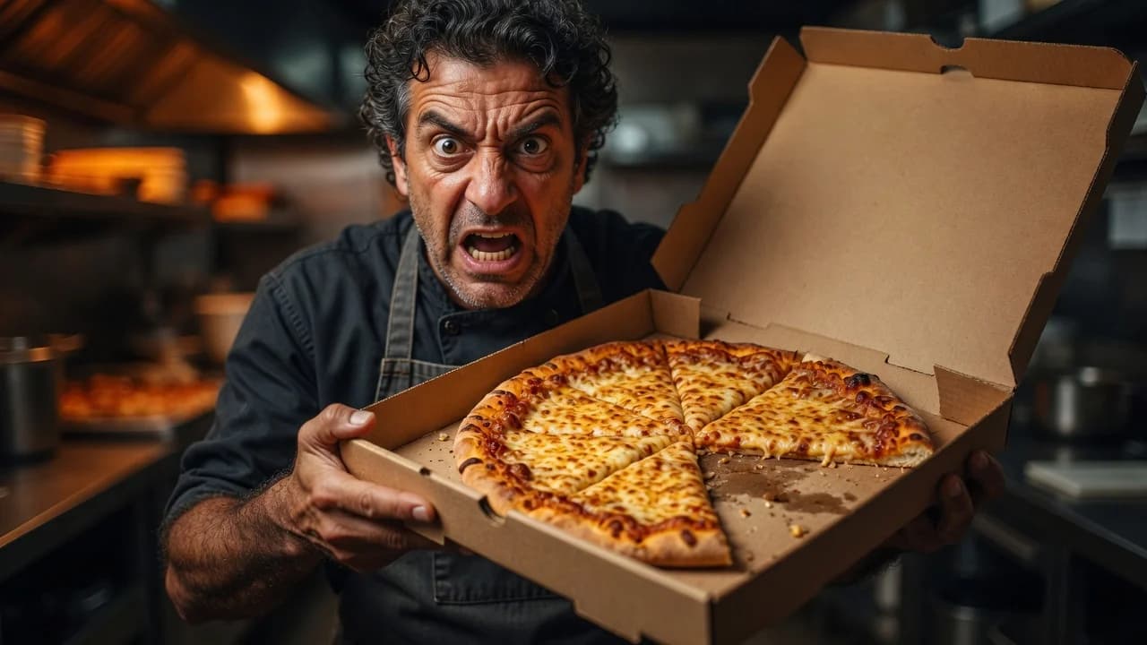 Outraged restaurant owner showing an open pizza box with a third of the pizza missing