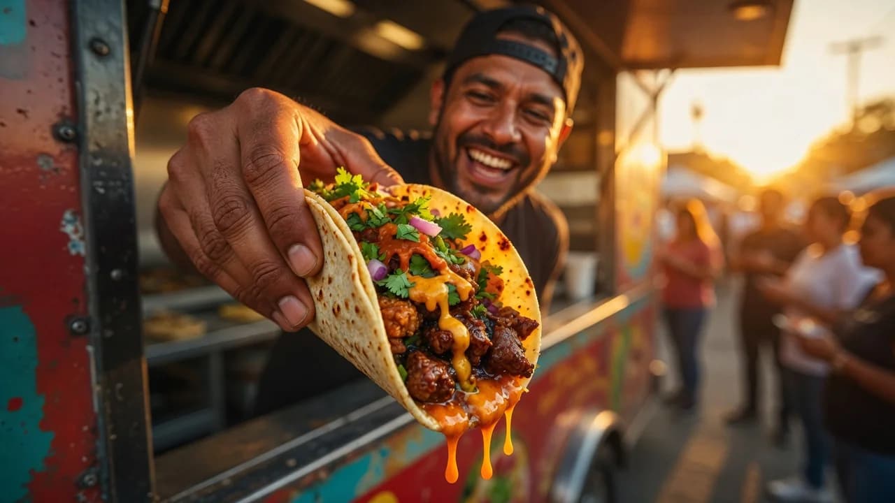 Grinning food truck vendor thrusting a loaded taco through the serving window toward the camera