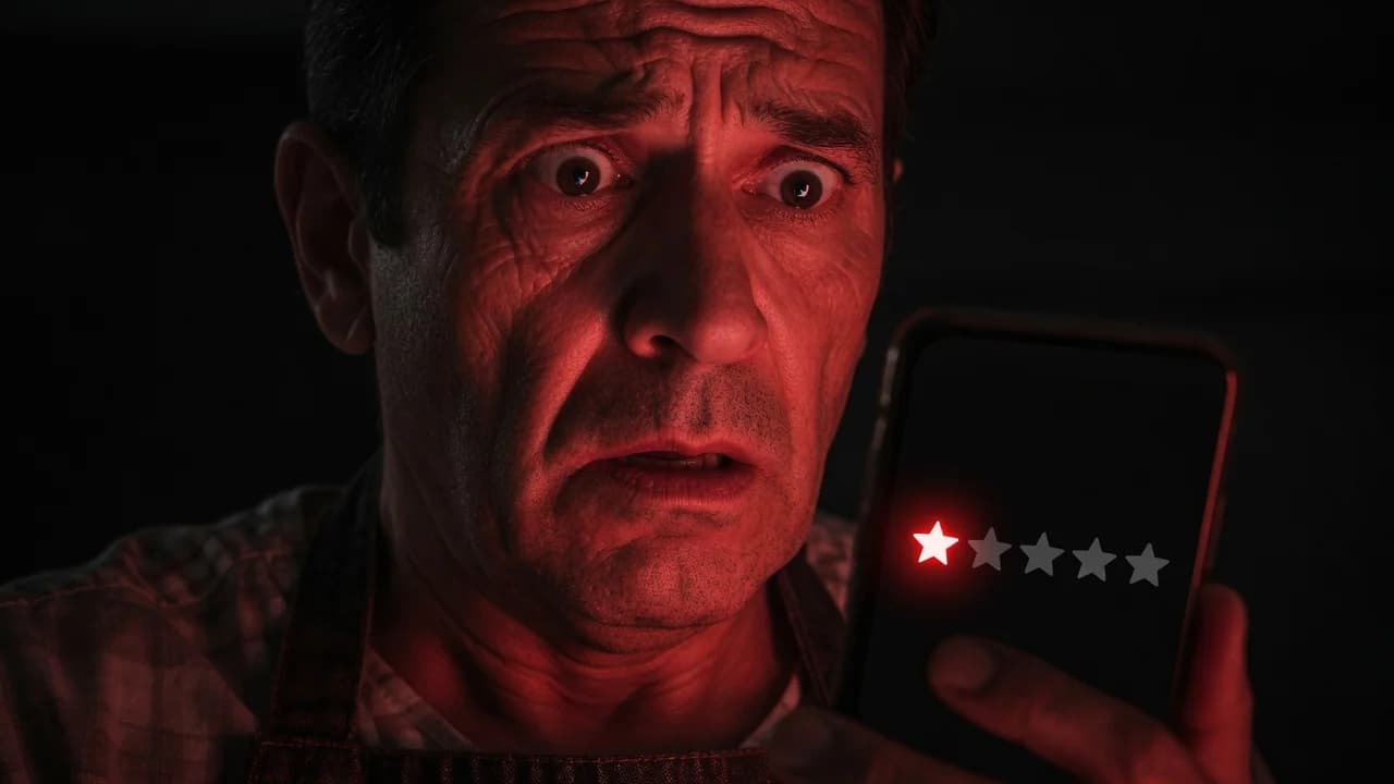Alarmed restaurant owner lit red by a phone showing a five-star rating interface with one red star