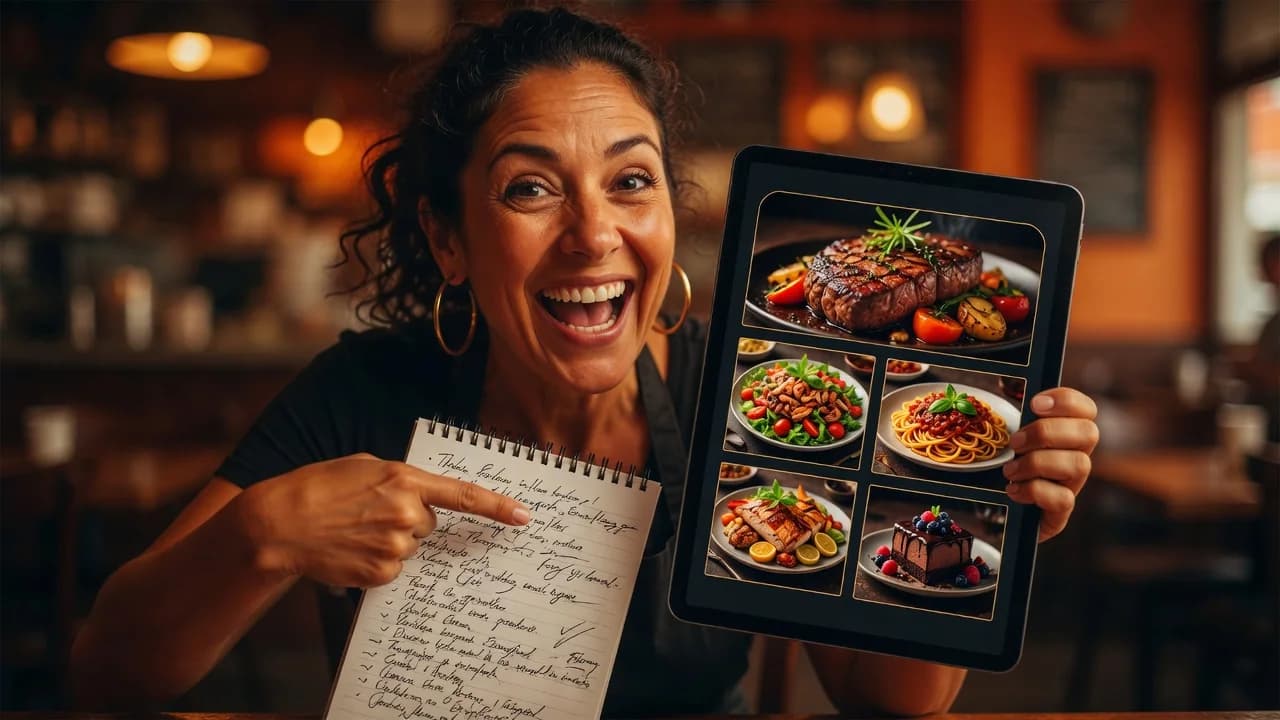 Excited restaurant owner holding a handwritten dish list and pointing at a tablet with the finished menu