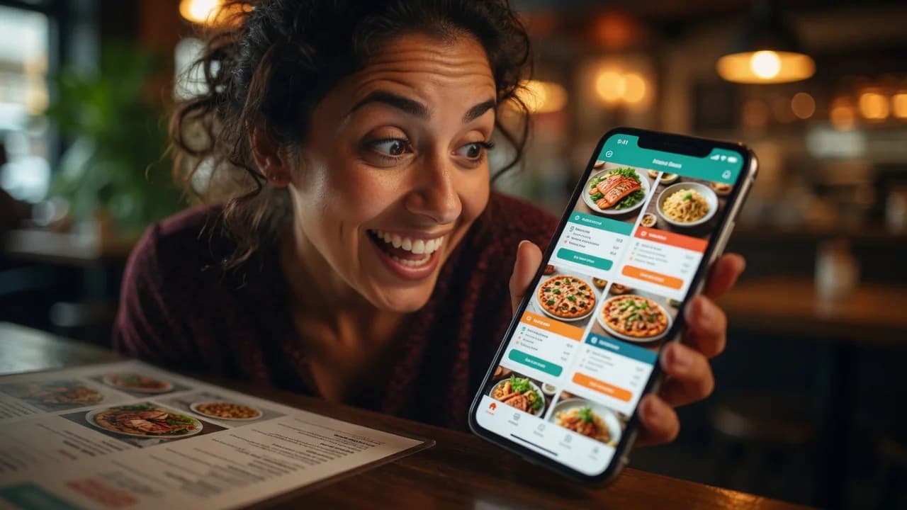 Delighted restaurant owner photographing a paper menu as her phone shows it as a structured digital menu