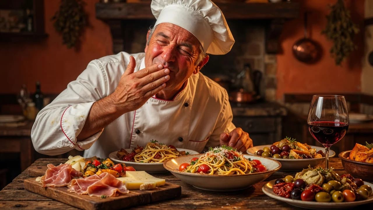 Italian chef giving a chef's kiss over a table of antipasti, pasta and red wine