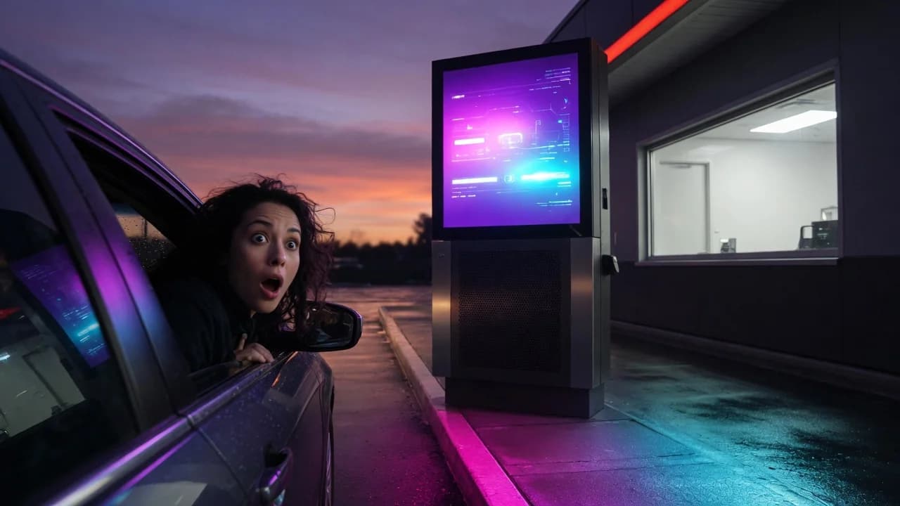 Astonished driver at a glowing drive-thru order screen with an empty staff window behind