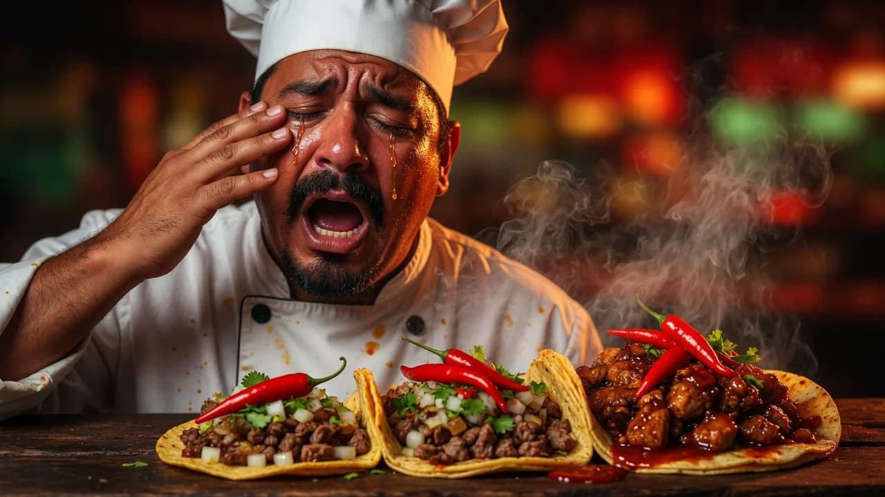 Chef fanning his mouth after a spicy bite behind three tacos with an increasing number of chilies