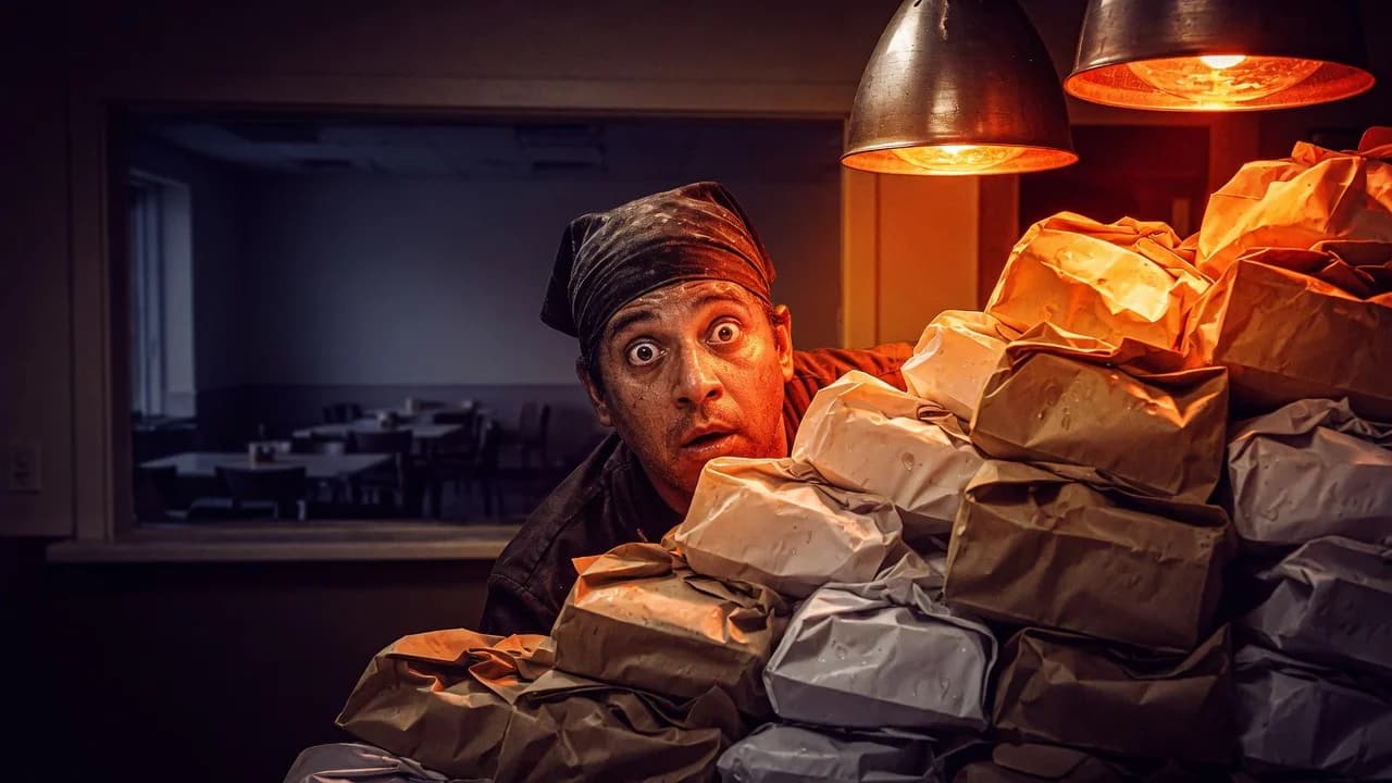 Wide-eyed kitchen worker peeking out from behind a mountain of takeout bags