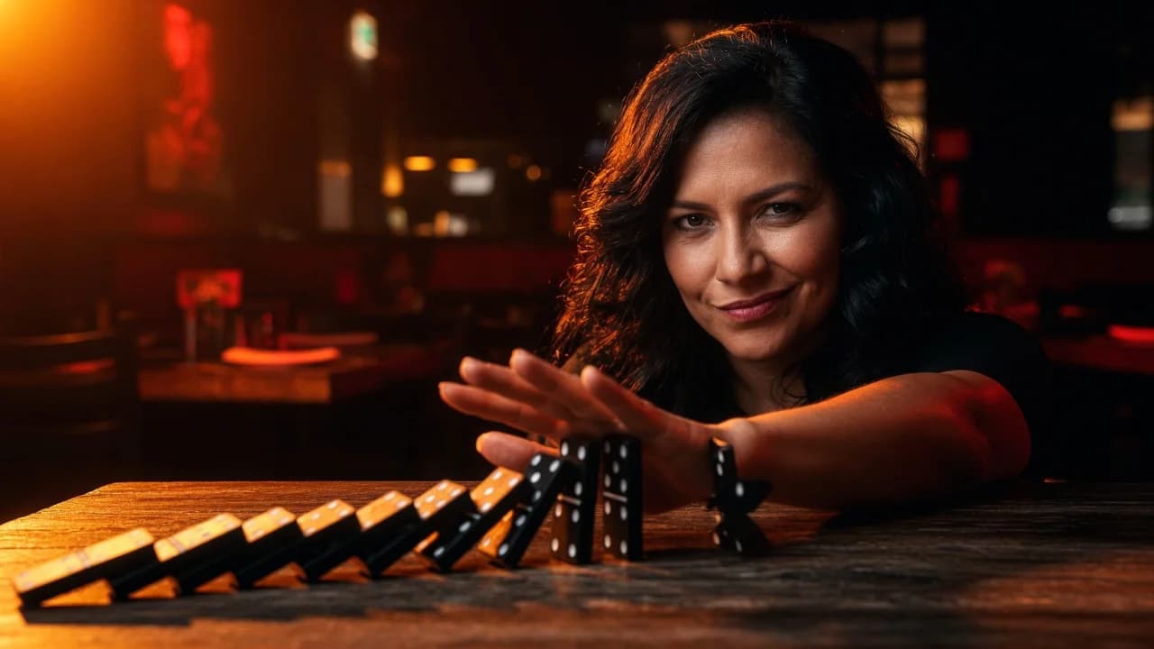 Defiantly smirking restaurant owner stopping a chain of falling dominoes with her hand