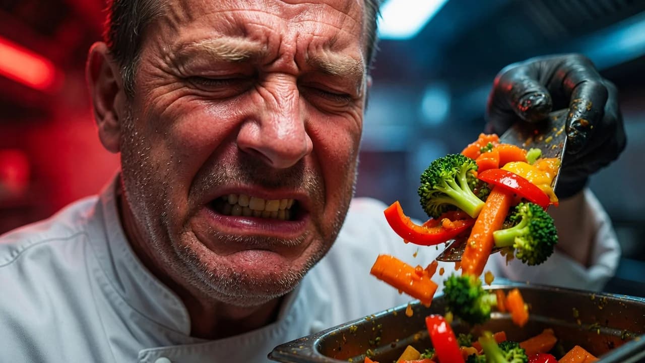 Grimacing chef scraping an almost untouched meal into a kitchen bin