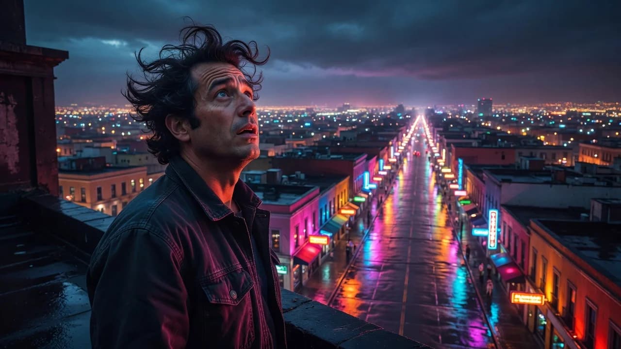 Awed restaurant owner on a rooftop overlooking an endless street of glowing restaurant fronts