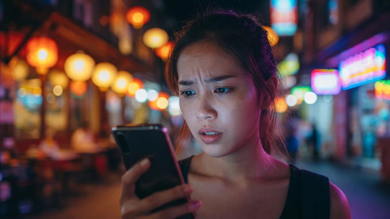 Intrigued woman asking her phone on a night street while glowing restaurant fronts stand ignored behind her