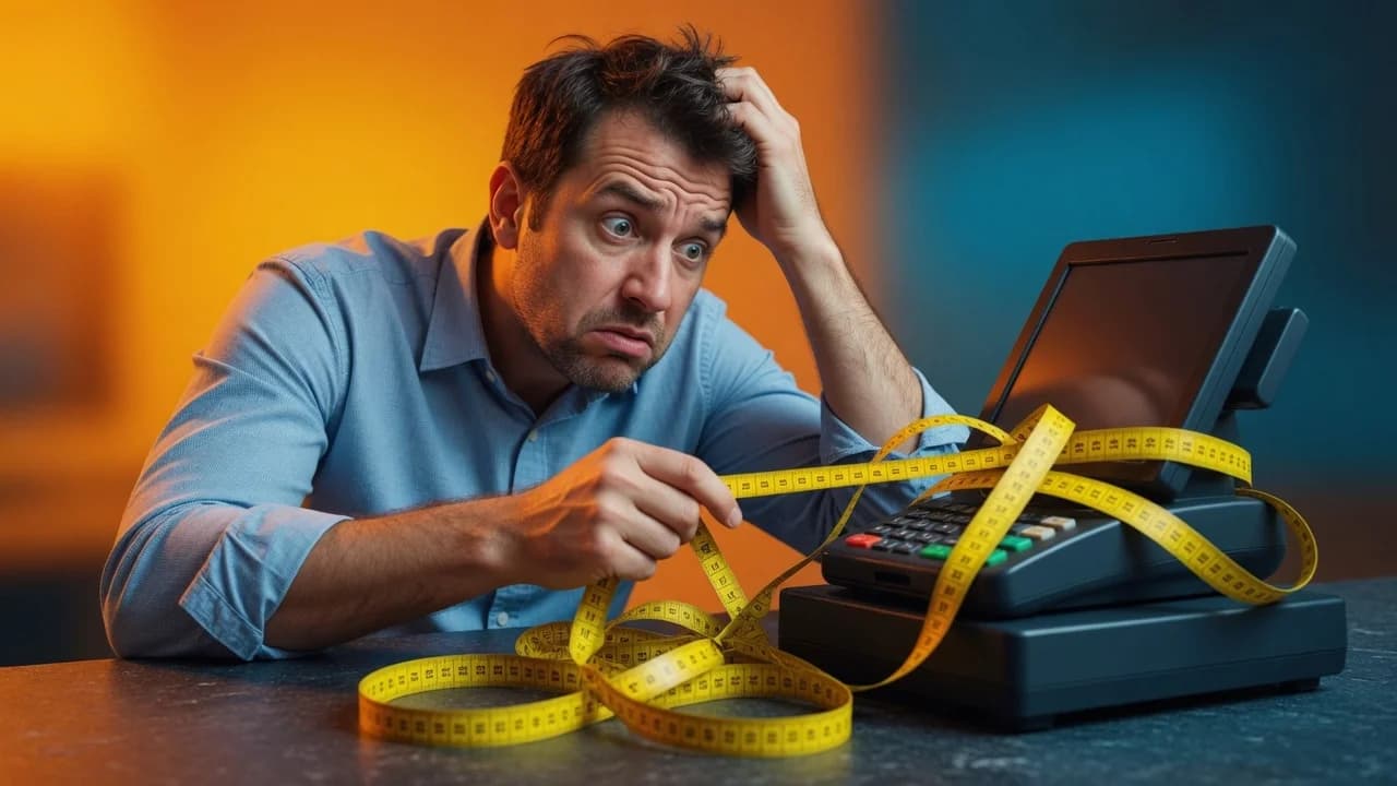 Confused analyst tangled in measuring tape wrapped around a point-of-sale terminal