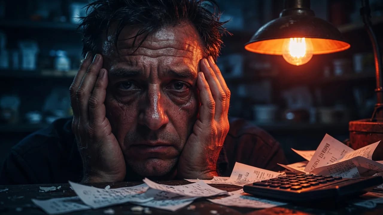Exhausted restaurant owner with face in hands over a calculator and spread-out receipts