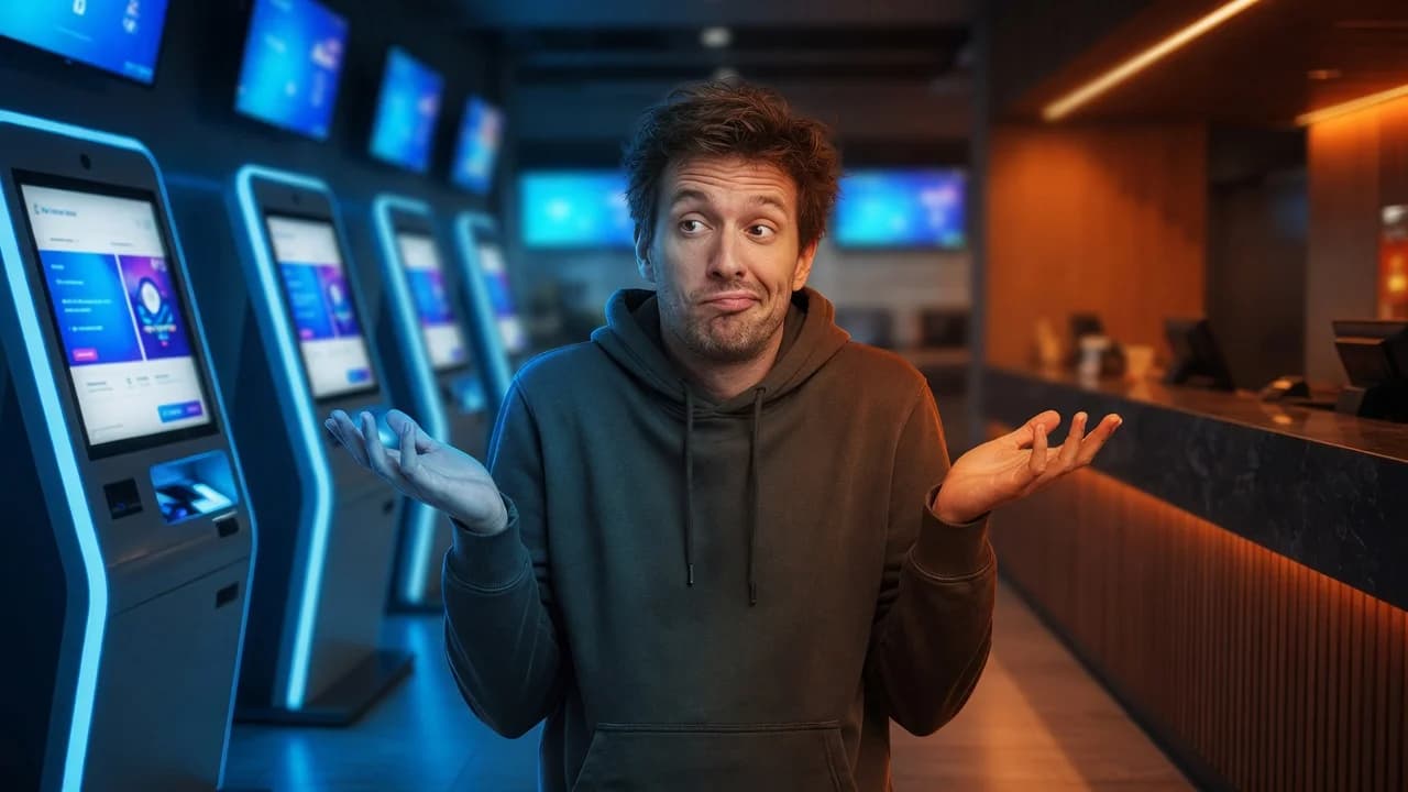 Shrugging customer standing between glowing self-order kiosks and a dark unmanned counter
