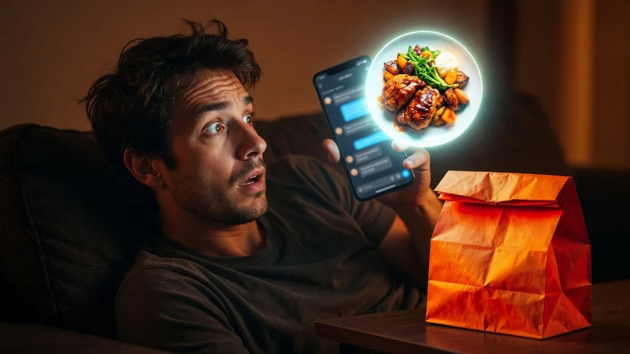 Stunned man looking between a chat on his phone and a real takeout bag on the table