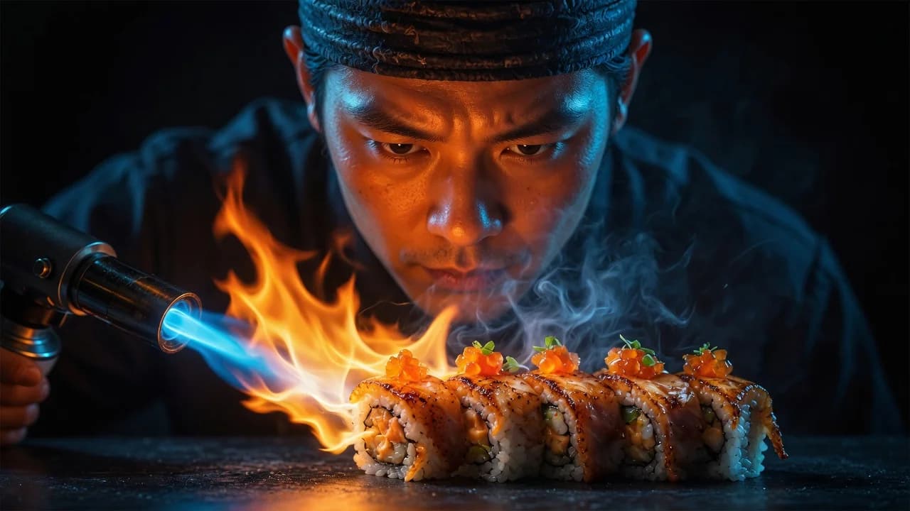 Intensely focused sushi chef torch-searing a glistening roll, face lit by the flame