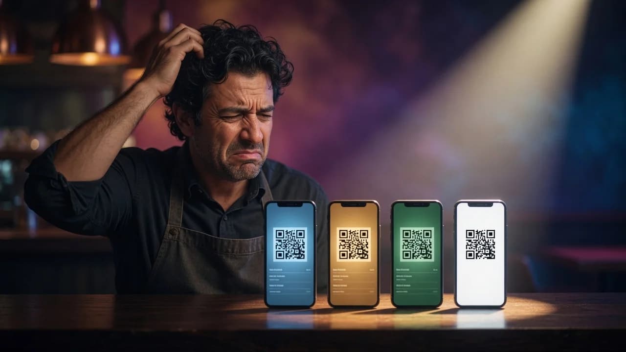 Puzzled restaurant owner scratching his head over four smartphones standing in a row
