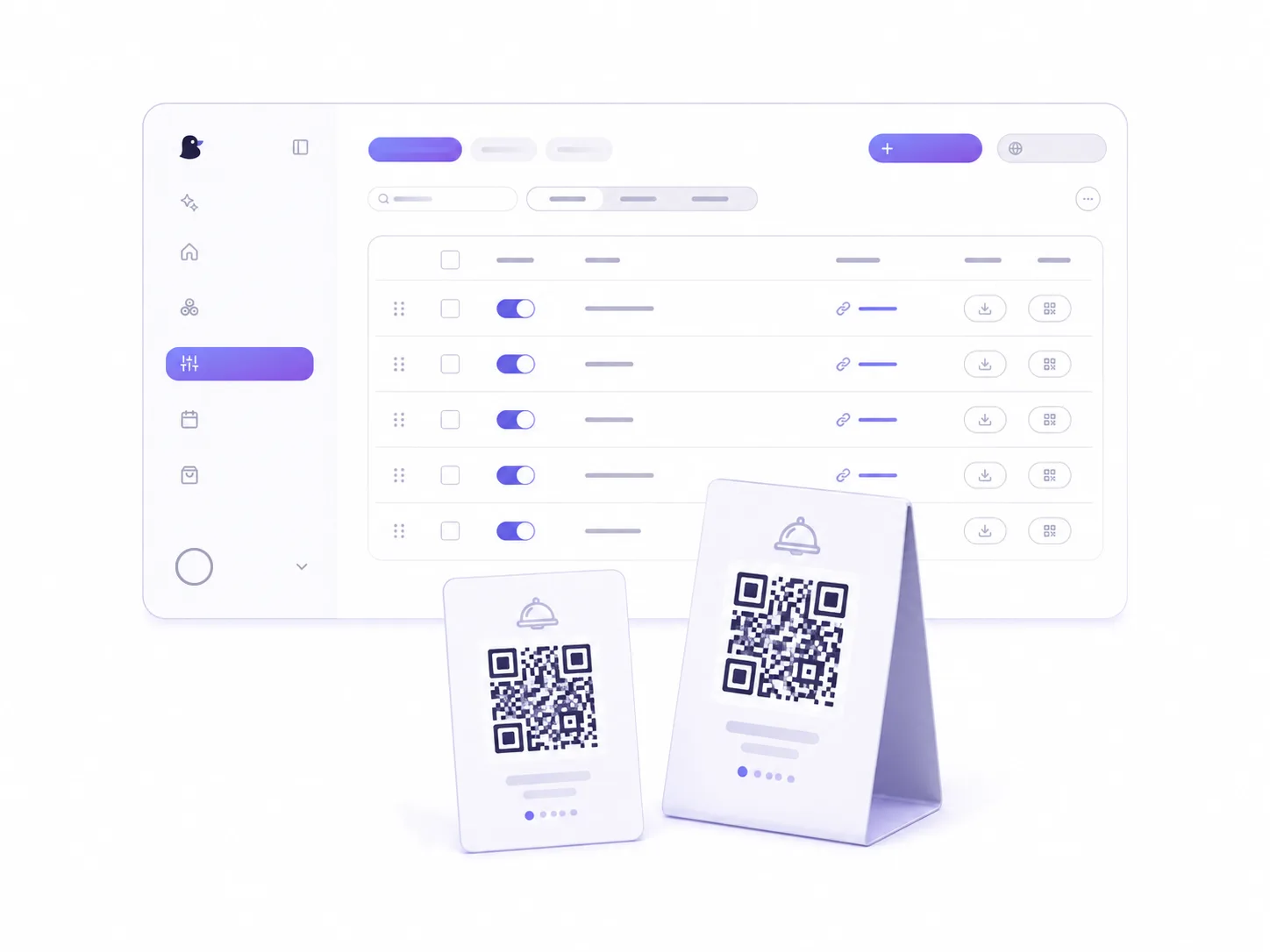 Μενού QR για εστιατόρια — εκτυπώσιμοι κωδικοί QR τραπεζιών με κουμπιά λήψης PNG και SVG στον πίνακα