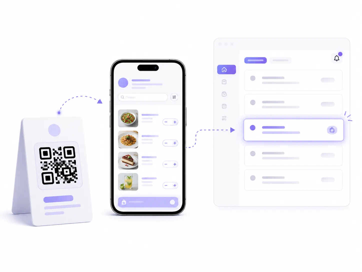 Πελάτης που σαρώνει τον κωδικό QR ενός τραπεζιού και μια νέα παραγγελία που φτάνει στη λίστα παραγγελιών του πίνακα Duckhub