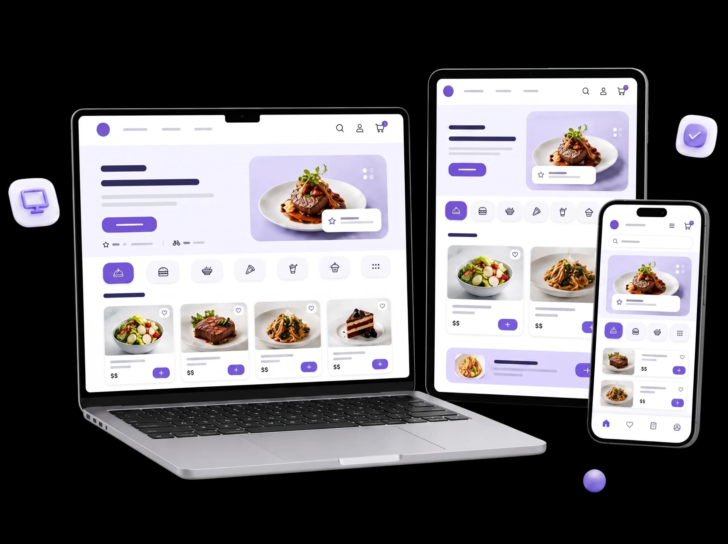 Ο ίδιος ιστότοπος εστιατορίου responsive δίπλα-δίπλα: κινητό, tablet και laptop.
